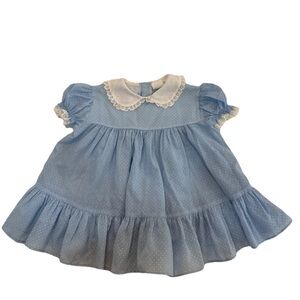 Bryan Vintage Baby Dress 18 Months Reborn Blue Polka Dot Lace Collar